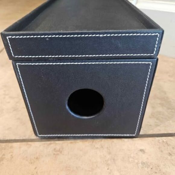 Black Stitched Leather Cord Management Box Desk Organization 15" x 6" x 6" - Picture 2 of 3